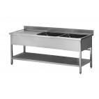 Plonge soudée sur pieds carrés avec étagère, inox AISI 304, 2 bacs, longueur 1800 mm