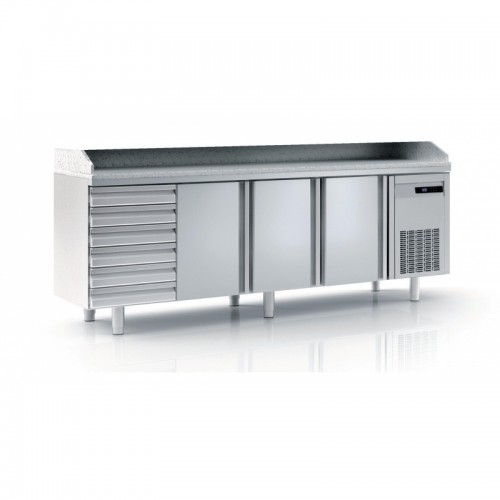 Meuble à pizza avec bloc 7 tiroirs neutres, 3 portes pleines, 399 L