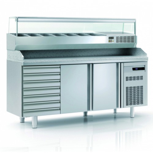 Meuble à pizza avec bloc 7 tiroirs neutres en inox, 2 portes pleines, 362 L Meuble à pizza avec bloc 7 tiroirs neutres en inox, 2 portes pleines, 362 L