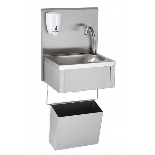 Lave-mains GC avec dosseret + distributeur de savon + corbeille inox L 440 x l 335 x H 985 mm Lave-mains GC avec dosseret + distributeur de savon + corbeille inox L 440 x l 335 x H 985 mm