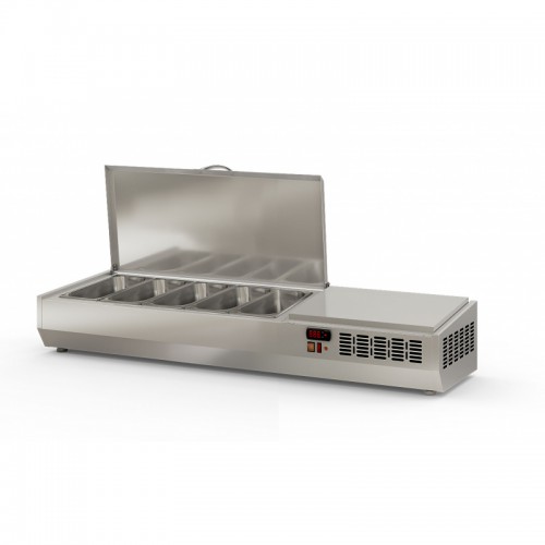 Présentoir à ingrédients, couvercle inox, 396 L, 5 bacs GN 1/3 Présentoir à ingrédients, couvercle inox, 396 L, 5 bacs GN 1/3