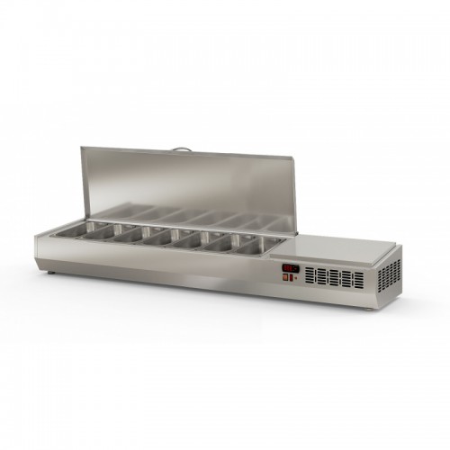 Présentoir à ingrédients, couvercle inox, 396 L, 7 bacs GN 1/3 Présentoir à ingrédients, couvercle inox, 396 L, 7 bacs GN 1/3