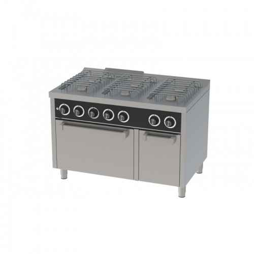 Fourneau à gaz basic, 6 feux, série 750, avec four à gaz GN 2/1 et un placard neutre Fourneau à gaz basic, 6 feux, série 750, avec four à gaz GN 2/1 et un placard neutre