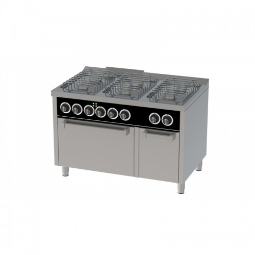 Fourneau à gaz basic, 6 feux, série 750, avec four électrique GN 2/1 et un placard neutre Fourneau à gaz basic, 6 feux, série 750, avec four électrique GN 2/1 et un placard neutre