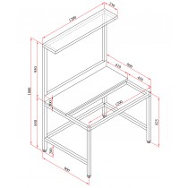Table de découpe, adossée, mixte avant-arrière, poly blanc, L 1200 x P 600 x H 850/1800 mm, avec étagère haute, sur mesure