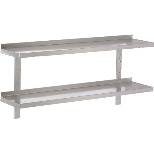 Etagère murale pleine, 2 niveaux, inox AISI 430, 4 consoles réglables, 2 lattes, L 1000 x P 400 x H 600 mm Etagère murale pleine, 2 niveaux, inox AISI 430, 4 consoles réglables, 2 lattes, L 1000 x P 400 x H 600 mm