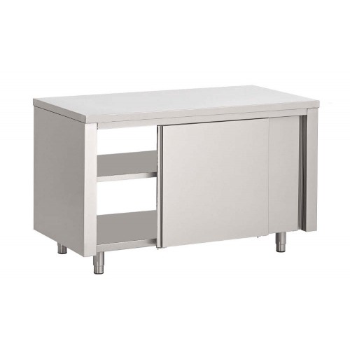 Table armoire passante, portes coulissantes, inox AISI 430, L 1200 x P 700 x H 850 mm Table armoire passante, portes coulissantes, inox AISI 430, L 1200 x P 700 x H 850 mm