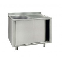 Plonge placard en inox ferritique, porte coulissante, 2 bacs, L 1200 x P 700 mm