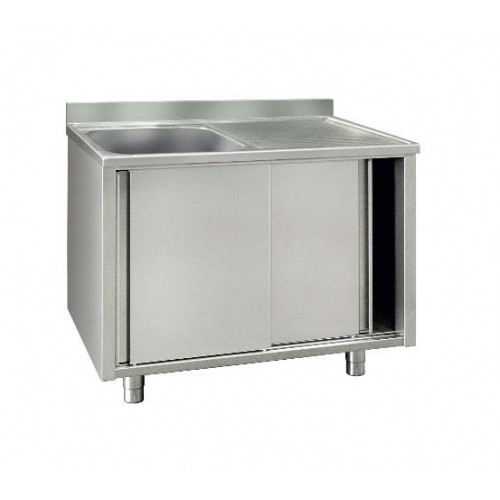 Plonge placard, inox, 2 portes coulissantes, 1 bac 500x500x300 mm, égouttoir à droite Plonge placard, inox, 2 portes coulissantes, 1 bac 500x500x300 mm, égouttoir à droite