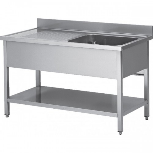 Table de chef Inox AISI 304 adossée avec étagère bac 600 x 500 x 320 mm égouttoir à gauche sur mesure Table de chef Inox AISI 304 adossée avec étagère bac 600 x 500 x 320 mm égouttoir à gauche sur mesure