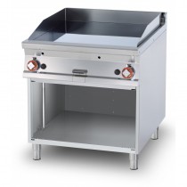 Fry top gaz plaque acier 1/2 lisse 1/2 rainurée chrome 18  kW sur meuble ouvert