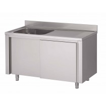 Plonge sur armoire portes coulissantes L 1600 x P 700 x H 850 mm 1 bac à gauche 600x500x320 égouttoir à droite INOX AISI 430