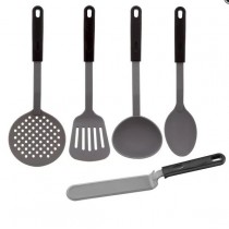 Set de 5 ustensiles: spatule, écumoire, louche, pelle et cuillère à sauce