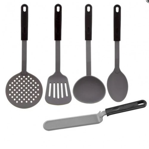 Set de 5 ustensiles: spatule, écumoire, louche, pelle et cuillère à sauce Set de 5 ustensiles: spatule, écumoire, louche, pelle et cuillère à sauce