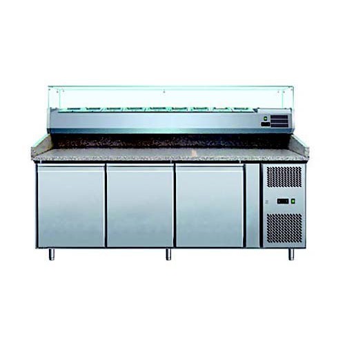 Meuble de préparation pizza dessus granit avec vitrine réfrigérée 9GN1/3 (VRX2000) 3 portes inox Meuble de préparation pizza dessus granit avec vitrine réfrigérée 9GN1/3 (VRX2000) 3 portes inox