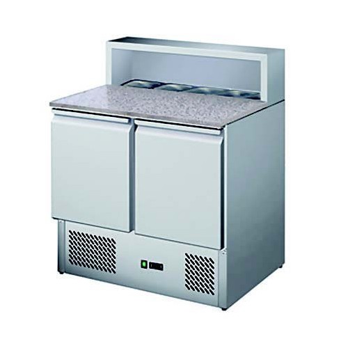 Table à pizza réfrigérée avec insert pour bacs gastronormes 2 portes 5 GN1/6 inox Table à pizza réfrigérée avec insert pour bacs gastronormes 2 portes 5 GN1/6 inox